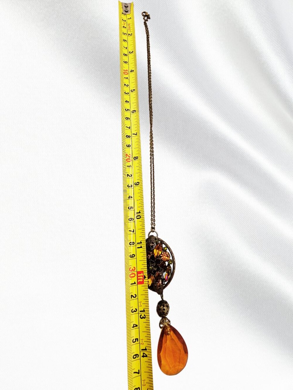 Vintage Style Amber Rhinestone Filigree Pendant Necklace Victorian Art Nouveau - Picture 8 of 8